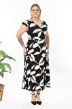 Kadın Siyah Beyaz Soyut Desen Fırfır Kol Kruvaze Yaka Büyük Beden Maxi Elbise