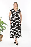 Kadın Siyah Beyaz Soyut Desen Fırfır Kol Kruvaze Yaka Büyük Beden Maxi Elbise