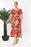 Kadın Kırmızı Beyaz Tropikal Desen Esnek Maxi Elbise