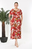 Kadın Kırmızı Beyaz Tropikal Desen Esnek Maxi Elbise