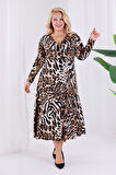 Kadın Kahve Leopar Desen Kruvaze Yaka Büyük Beden Esnek Maxi Elbise