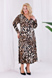 Kadın Kahve Leopar Desen Kruvaze Yaka Büyük Beden Esnek Maxi Elbise