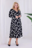 Kadın Siyah Beyaz Taş Desen Kruvaze Yaka Büyük Beden Esnek Maxi Elbise