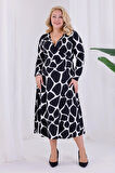 Kadın Siyah Beyaz Taş Desen Kruvaze Yaka Büyük Beden Esnek Maxi Elbise