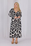 Kadın Vizon Siyah Leopar Desen Kruvaze Yaka Büyük Beden Esnek Maxi Elbise