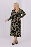 Kadın Haki Yeşil Leopar Desen Kruvaze Yaka Büyük Beden Esnek Maxi Elbise