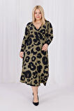 Kadın Haki Yeşil Leopar Desen Kruvaze Yaka Büyük Beden Esnek Maxi Elbise