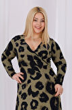Kadın Haki Yeşil Leopar Desen Kruvaze Yaka Büyük Beden Esnek Maxi Elbise