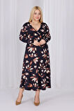 Kadın Siyah Kahve Floral Desen Kruvaze Yaka Büyük Beden Esnek Maxi Elbise