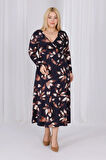 Kadın Siyah Kahve Floral Desen Kruvaze Yaka Büyük Beden Esnek Maxi Elbise