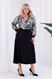 Kadın Siyah Beyaz Zebra Desen Bloklu Kruvaze Yaka Balon Kol Büyük Beden Esnek Maxi Elbise