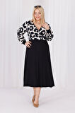 Kadın Vizon Siyah Leopar Desen Bloklu Kruvaze Yaka Balon Kol Büyük Beden Esnek Maxi Elbise
