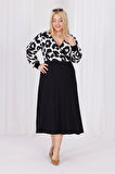 Kadın Vizon Siyah Leopar Desen Bloklu Kruvaze Yaka Balon Kol Büyük Beden Esnek Maxi Elbise