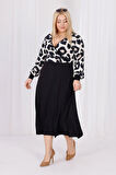 Kadın Vizon Siyah Leopar Desen Bloklu Kruvaze Yaka Balon Kol Büyük Beden Esnek Maxi Elbise