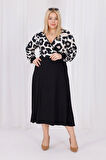 Kadın Vizon Siyah Leopar Desen Bloklu Kruvaze Yaka Balon Kol Büyük Beden Esnek Maxi Elbise