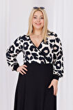 Kadın Vizon Siyah Leopar Desen Bloklu Kruvaze Yaka Balon Kol Büyük Beden Esnek Maxi Elbise