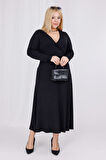 Kadın Siyah Kruvaze Yaka Büyük Beden Esnek Maxi Elbise