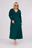 Kadın Zümrüt Yeşil Kruvaze Yaka Büyük Beden Esnek Maxi Elbise