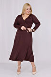 Kadın Kahve Kruvaze Yaka Büyük Beden Esnek Maxi Elbise