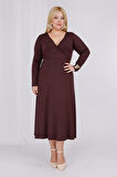 Kadın Kahve Kruvaze Yaka Büyük Beden Esnek Maxi Elbise