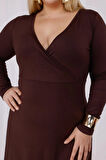 Kadın Kahve Kruvaze Yaka Büyük Beden Esnek Maxi Elbise