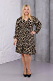 Kadın Kahve Leopar Desen Kruvaze Yaka Esnek Bel Büyük Beden Elbise