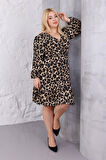 Kadın Kahve Leopar Desen Kruvaze Yaka Esnek Bel Büyük Beden Elbise
