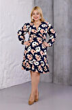 Kadın Lacivert Somon Çiçek Desen Kruvaze Yaka Esnek Bel Büyük Beden Elbise