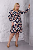 Kadın Lacivert Somon Çiçek Desen Kruvaze Yaka Esnek Bel Büyük Beden Elbise