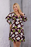 Kadın Mor Yeşil Çiçek Desen Kruvaze Yaka Esnek Bel Büyük Beden Elbise