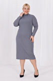 Kadın Gri Balıkçı Yaka Esnek Burgu Triko Büyük Beden Elbise