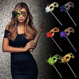 Lüks Taşlı Saplı Maskeli Balo Maskesi Altın Renk 35 cm