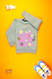 Kız Çocuk Giyim - Yumuşacık Şirin Çiçek Baskılı Sweatshirt