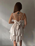 Arkası Fiyonklu Mini Ekru Elbise
