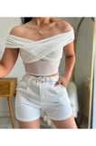Omuz Detaylı Drapeli Crop Bluz - Beyaz