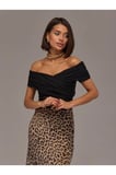 Omuz Detaylı Drapeli Crop Bluz - Siyah