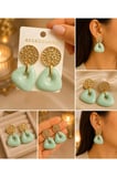 Gold Dokulu Mint Yeşili Geometrik Küpe