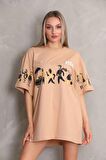 CANSUYILMAZ Unisex Bisiklet Yaka Baskılı Oversize T-Shirt - Bej