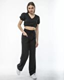 CANSUYILMAZ Kadin Keten Pantalon Ve Crop Takım - Siyah