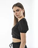 CANSUYILMAZ Kadin Keten Pantalon Ve Crop Takım - Siyah