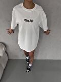 CANSUYILMAZ Unisex Bisiklet Yaka Baskılı Oversize T-Shirt - Beyaz
