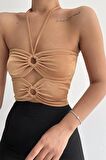 Halka Tokalı Cut Out Top Bluz Camel