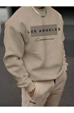 Unisex Kadın/Erkek Detaylı Los Angeles Özel Baskılı Renkli Oversize Bisiklet Yaka Pamuklu Sweatshirt