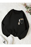 Üç iplik Kadın Renkli Cat Özel Göğüs Baskılı Oversize Bisiklet Yaka Sweatshirt