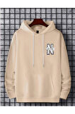 Erkek Bej New York Baskılı Kapüşonlu Sweatshirt