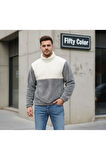 Erkek Polar Sweatshirt Yarım Fermuarlı Renk Bloklu Oversize Kalın Kışlık Sıcak Tutan Peluş Üst