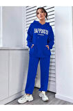Kadın Sax Mavi Happiness Alt Üst Eşofman Takımı Oversize Kapüşonlu