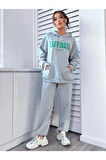 Kadın Gri Happiness Alt Üst Eşofman Takımı Oversize Kapüşonlu
