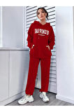 Kadın Kırmızı Happiness Alt Üst Eşofman Takımı Oversize Kapüşonlu