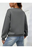 Mini Kalp Logo Kalın Kışlık Sweatshirt - Füme Baskılı Oversize Şardonlu Bisiklet Yaka
